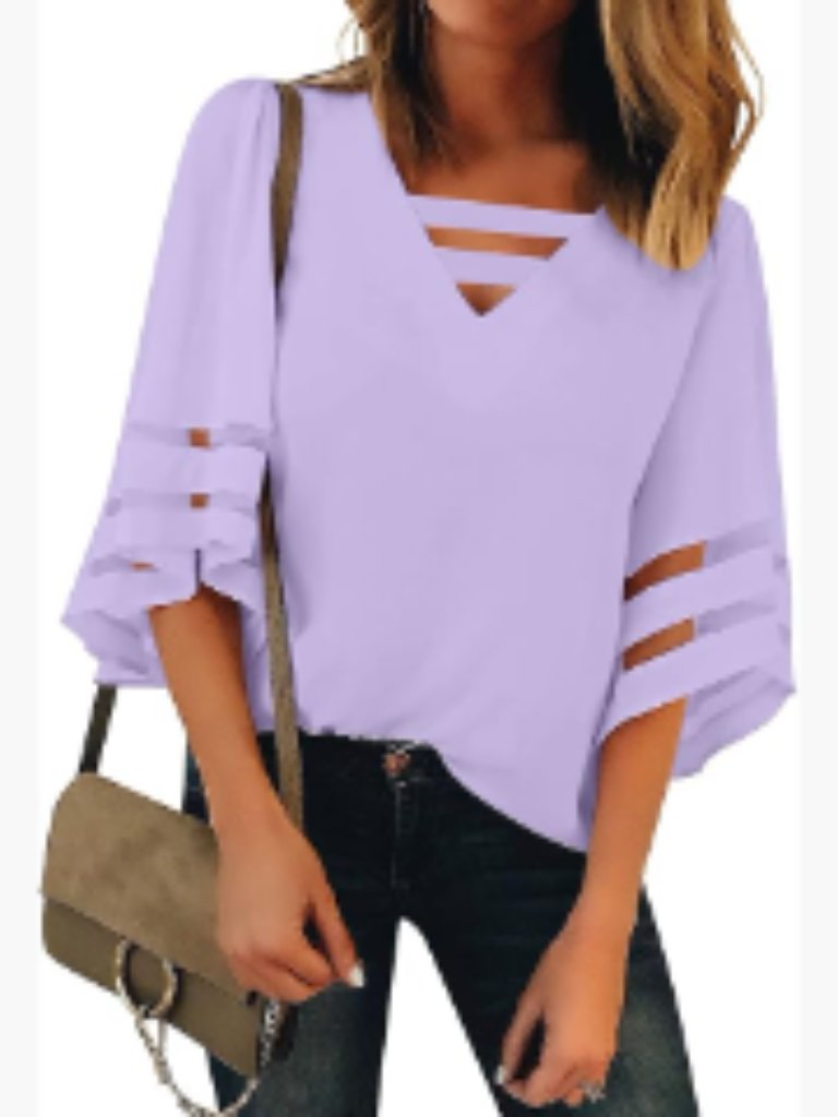 V Neck Mesh Panel Blouse With 3/4 Bell Sleeves